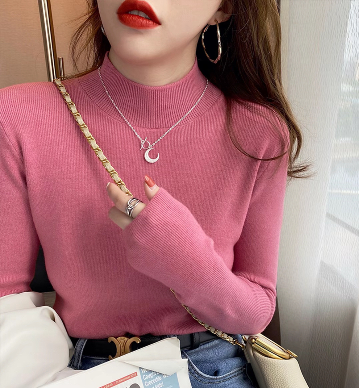 半高领针织衫女秋冬修身显瘦纯色百搭学院风内搭长袖打底衫