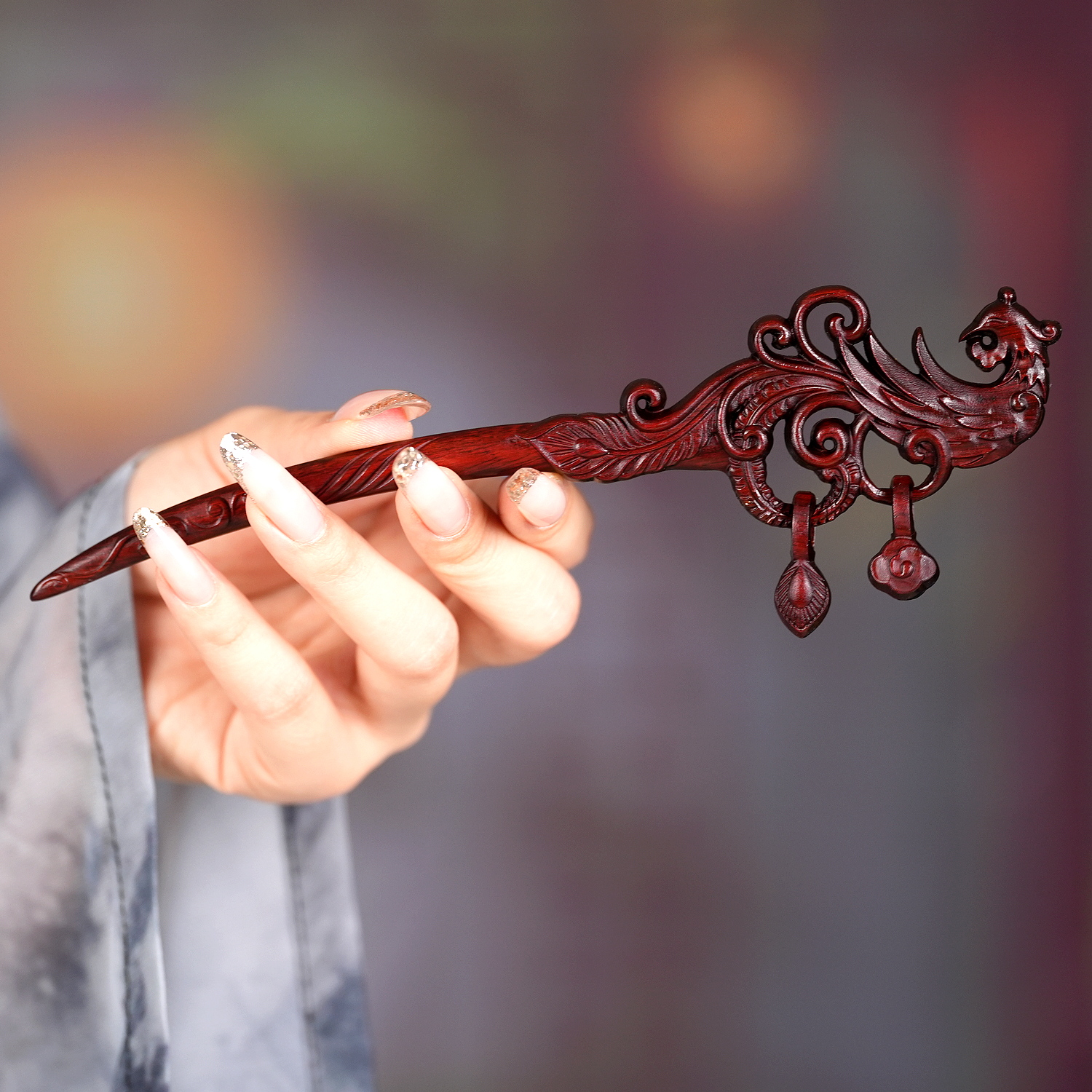 原创大气凤凰凌云发簪手工吊坠步摇檀木簪子中式百搭古风盘发发饰