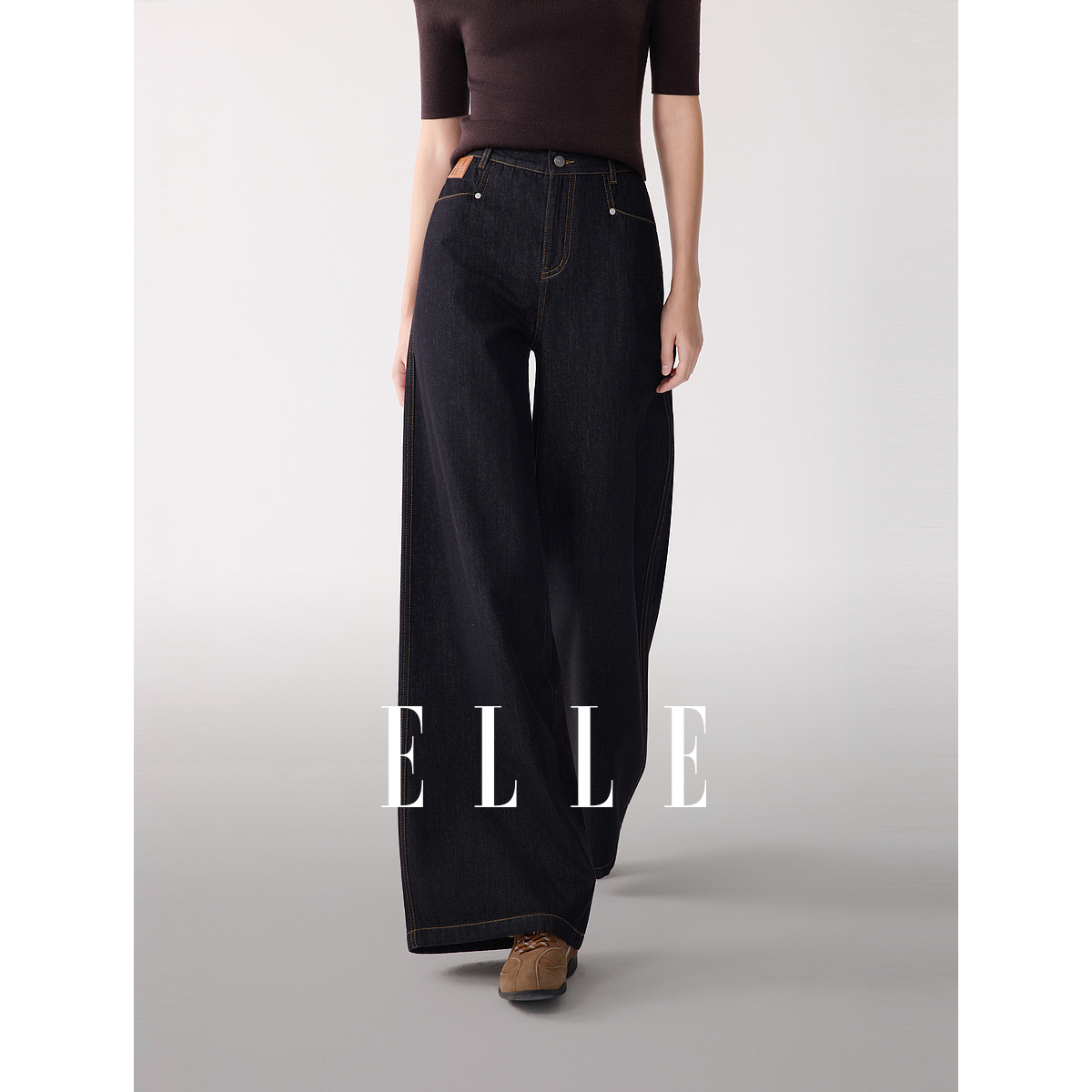 ELLE女装水洗牛仔裤2025冬新款显瘦小个子通勤阔腿裤子EQ53215