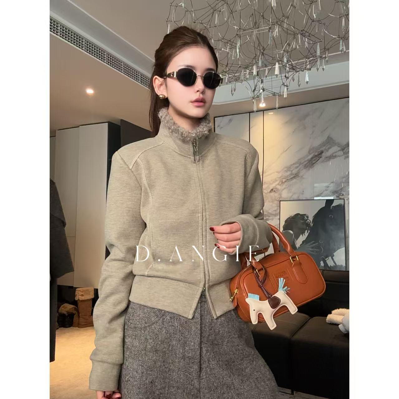 D.Angie【行歌】膨体绒冬里外一体绒加厚立领卷卷毛轻奢外套XMAQ288