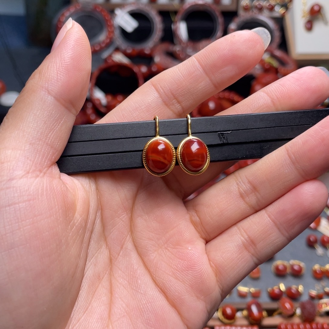 南红玛瑙银S925镶嵌高跟鞋耳扣