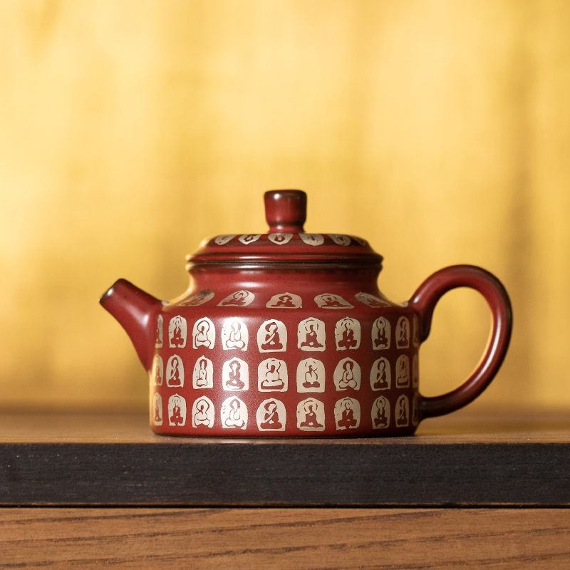 敦煌老岩泥茶壶陶瓷朱砂红万佛德钟壶套组新中式复古泡茶壶一人用