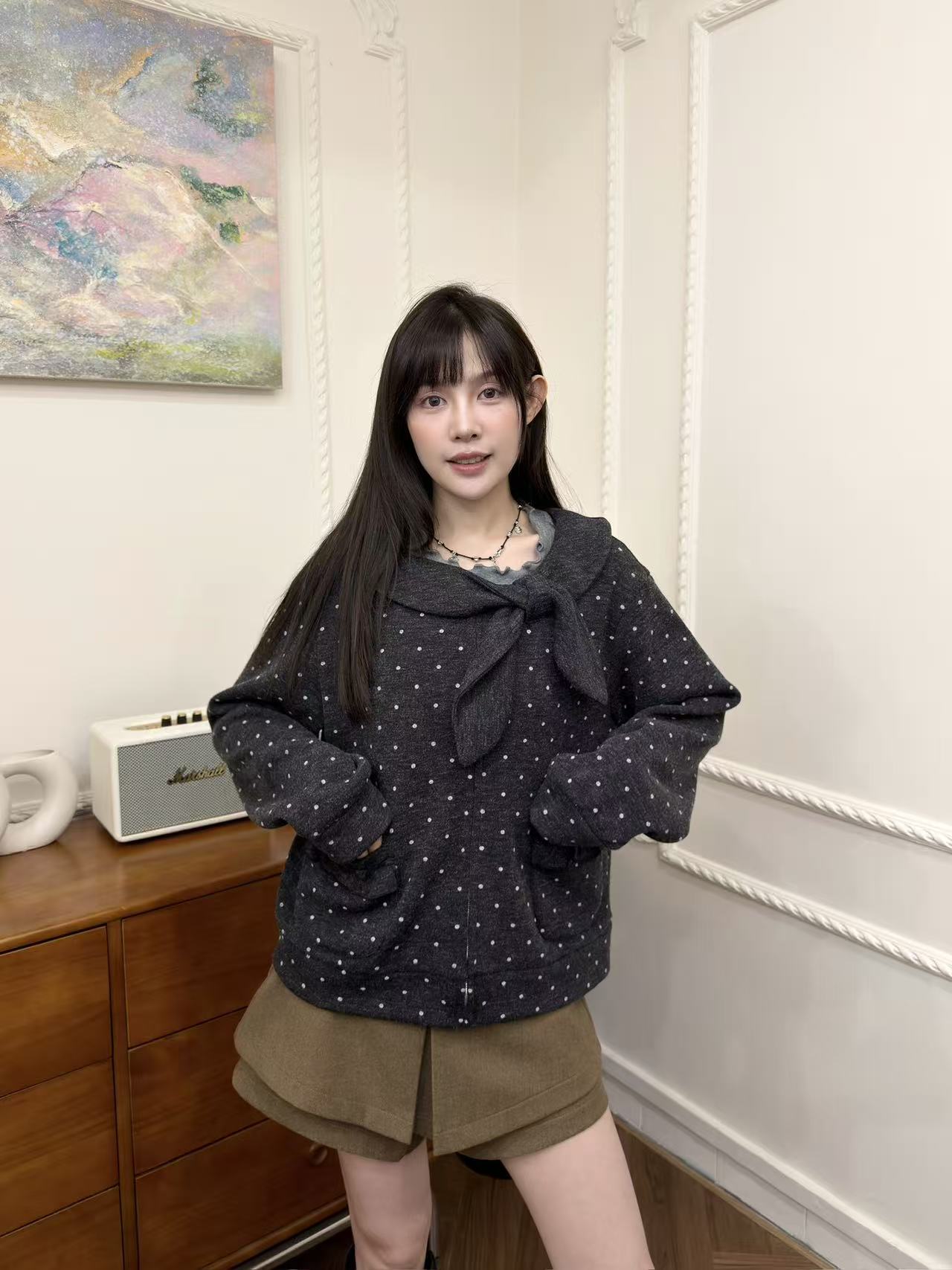 甜美减龄学院风韩系蝴蝶结波点外套#8081001