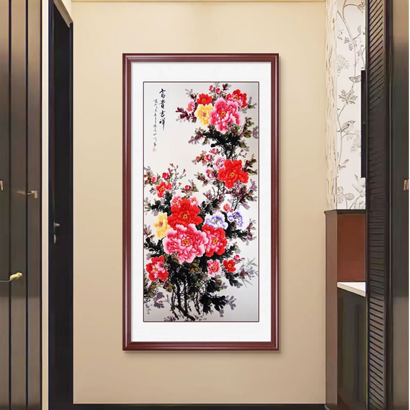 新中式玄关装饰画牡丹花挂画入户正对门壁画客厅花开富贵国画