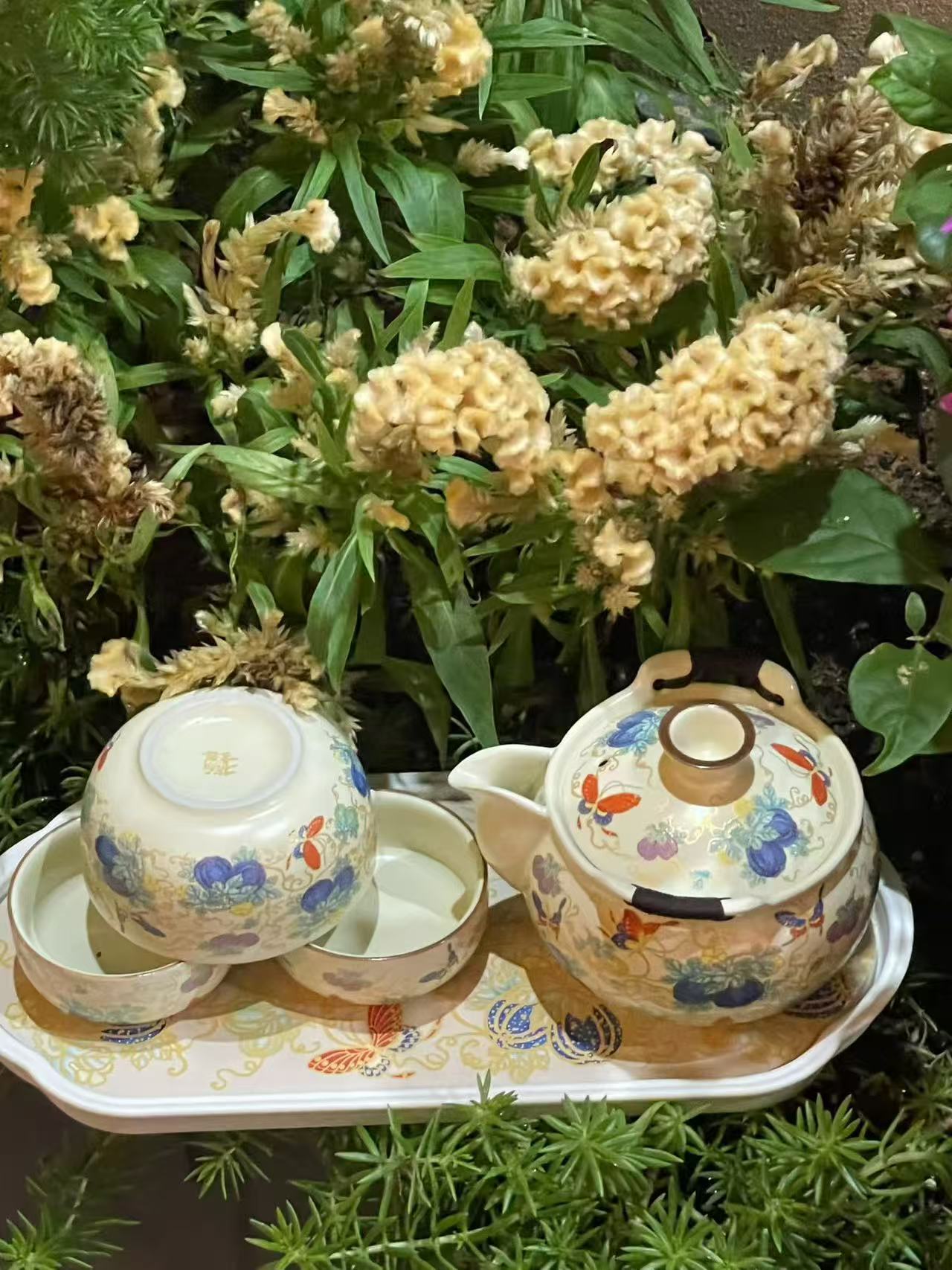 米黄汝窑金缕瓜蝶绮梦户外便携式家用旅行茶具一壶四杯+茶盘