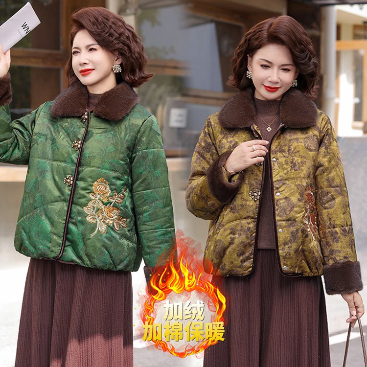 中老年女装加绒加厚冬季棉衣外套气质国风妈妈装冬季翻领保暖棉服