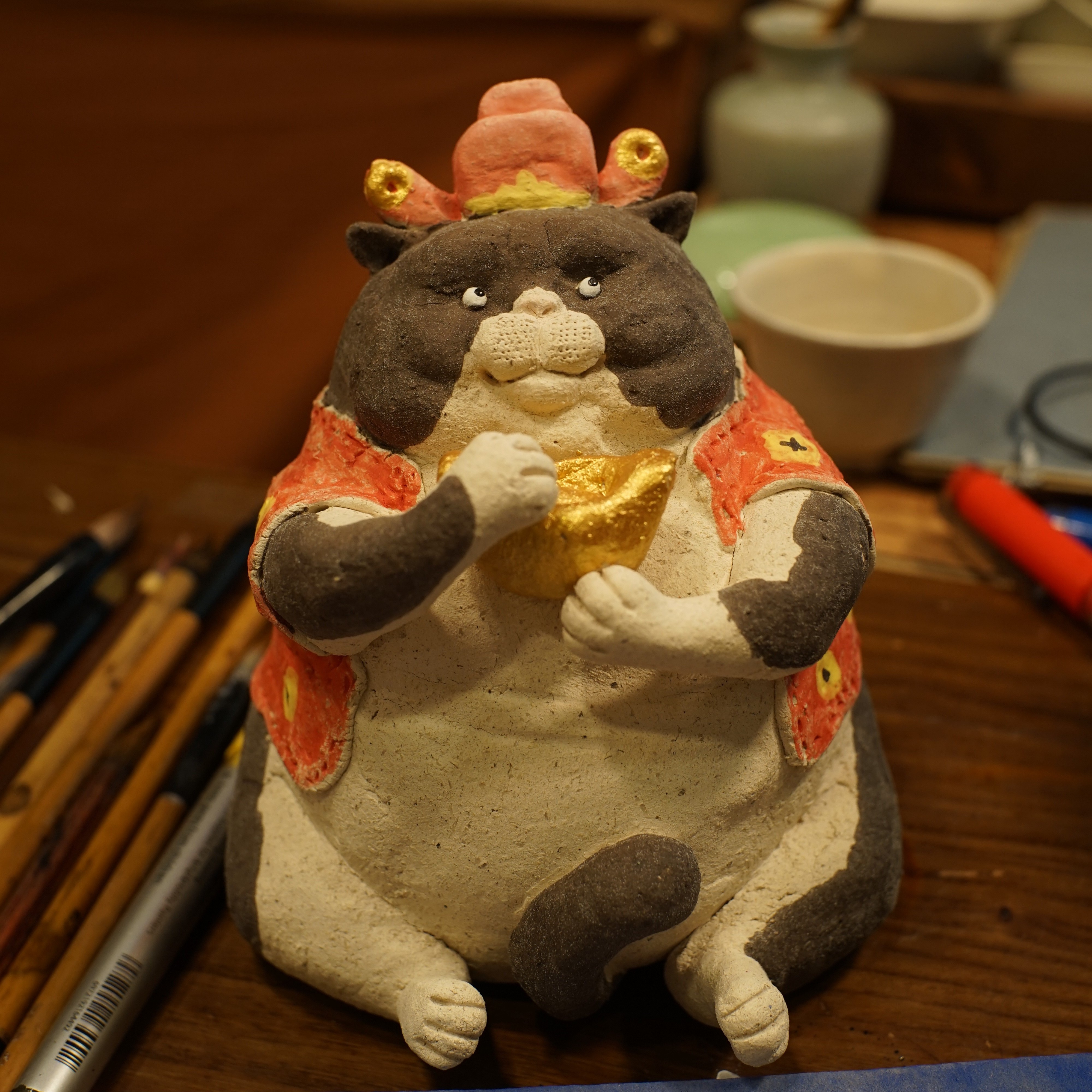 财神猫 全手工送泥板画