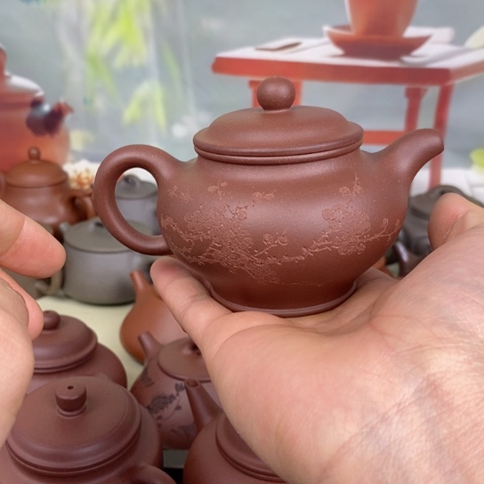 紫砂茶壶风釉羊角山紫泥刻绘款200ccb sh