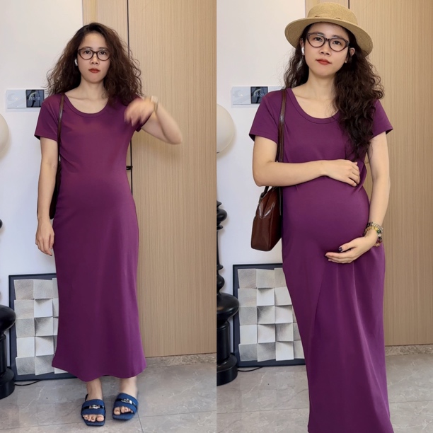 梨形身材穿的孕妇装夏季新款时髦显瘦显肤色紫色中长款连衣裙