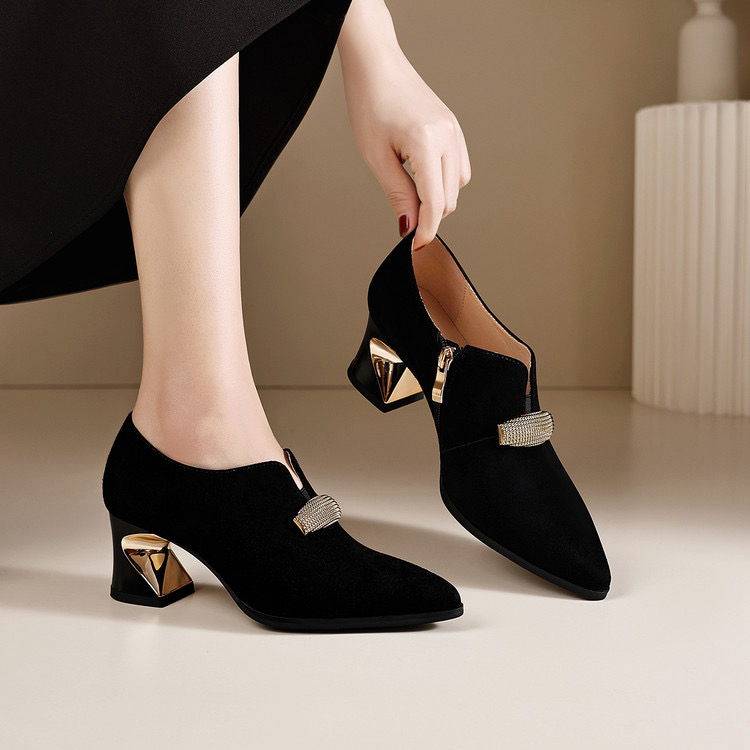 羊皮 跟高5cm 34-40春秋新款单鞋女复古百搭粗跟女深口磨砂高跟鞋