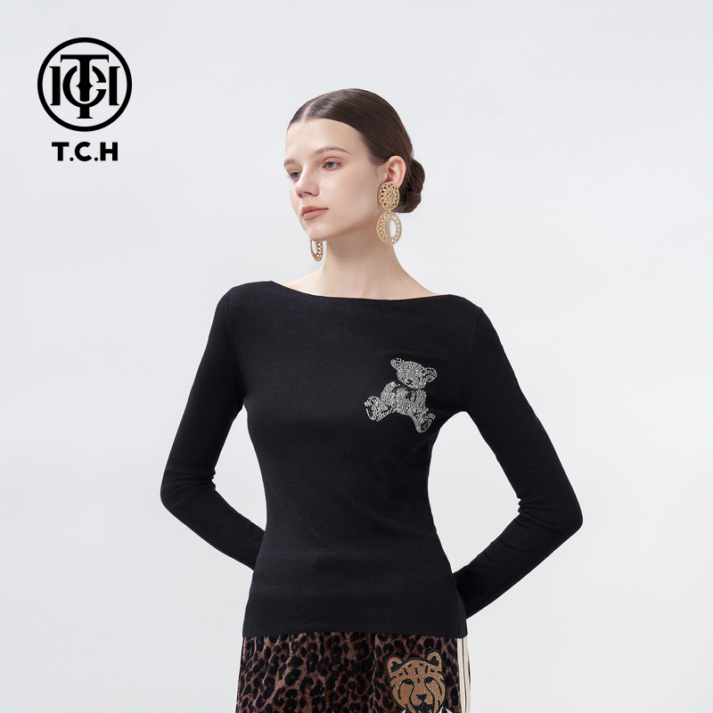 TCH轻奢烫钻工艺百搭修身长袖黑色针织衫女T72A09E6001私服tch