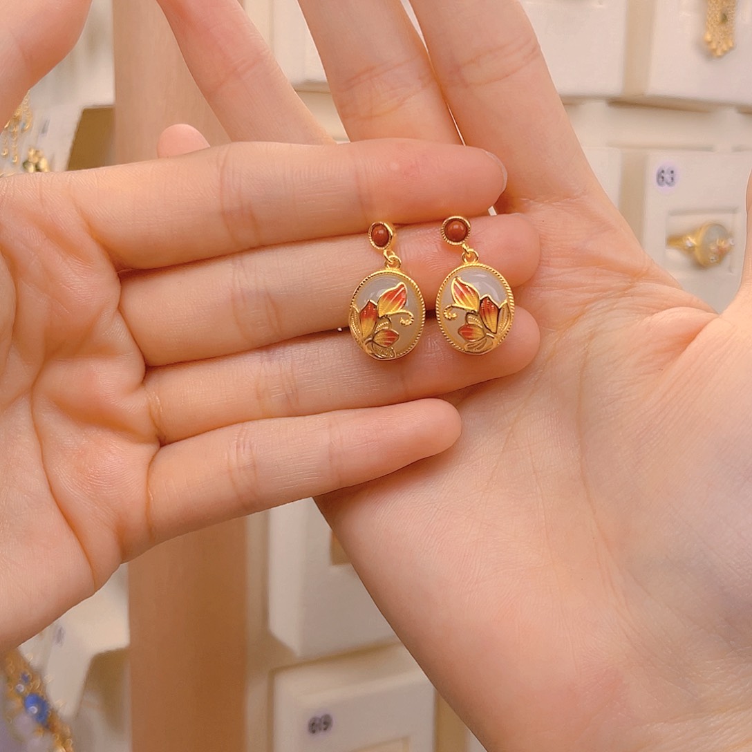 和田玉耳饰银S925镀金镶嵌