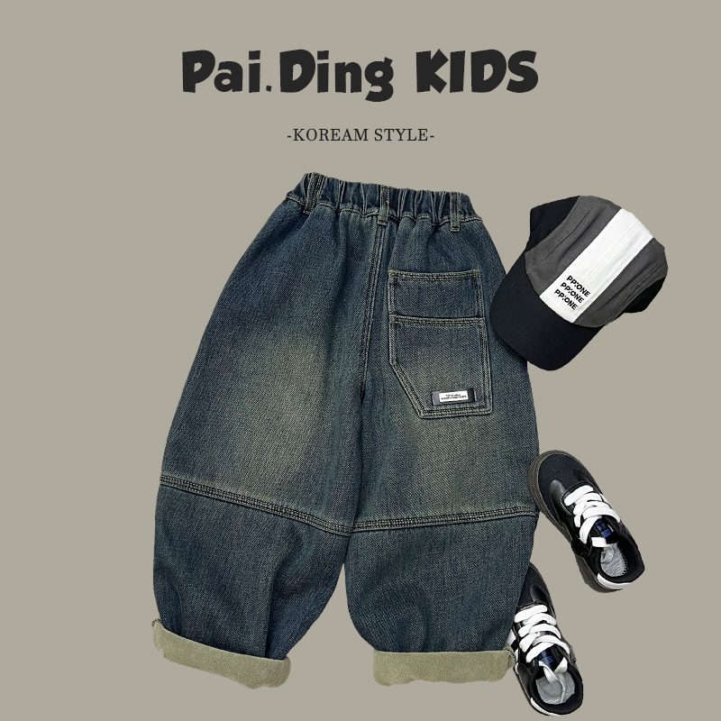 冬装儿童韩版潮流个性贴标设计复古做旧保暖加绒牛仔裤SJ4422-DK1