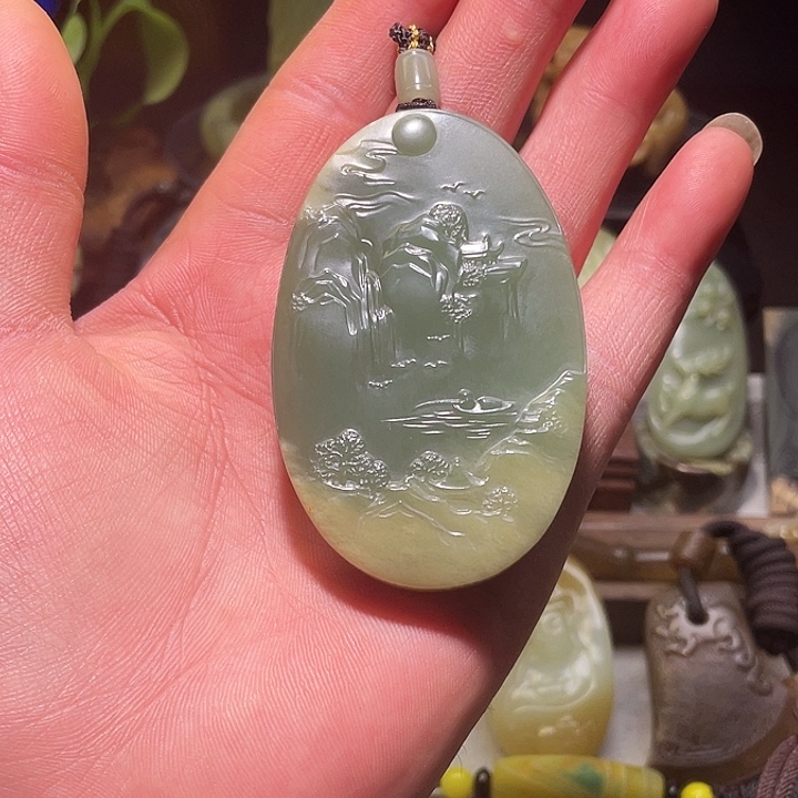 天然析木河磨玉 高山流水 山水牌