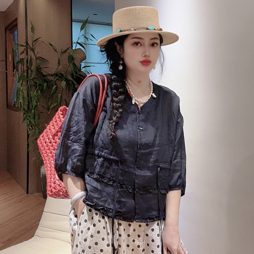 Chouduoduo 夏季新款藏青色苎麻花边系带设计感时尚百搭休闲上衣