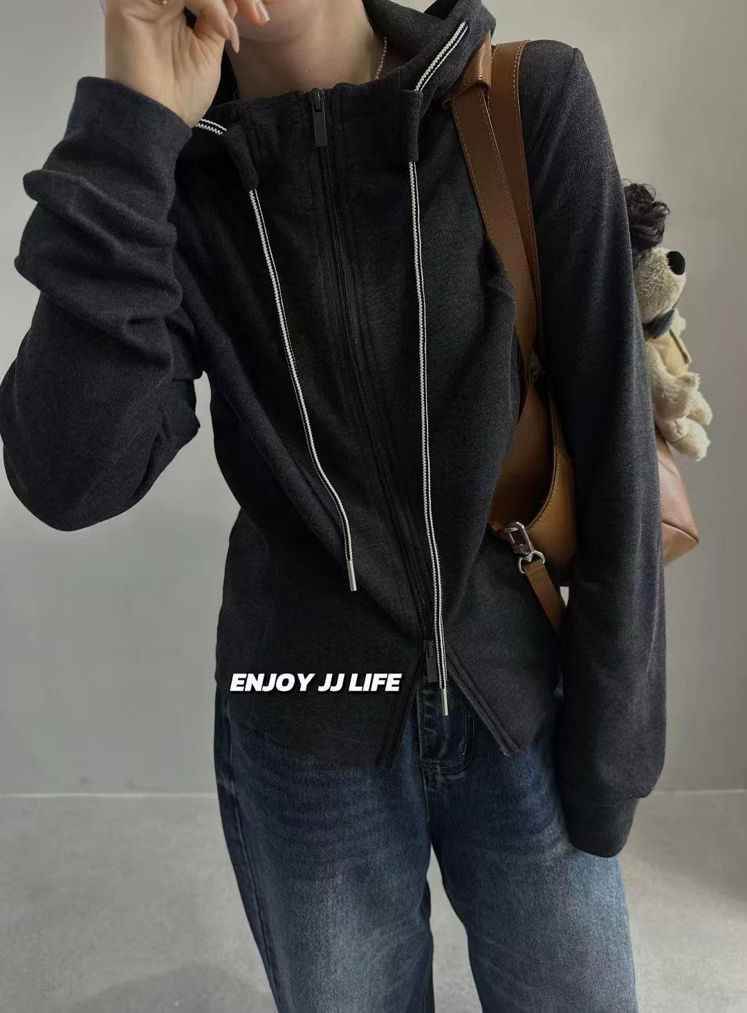 56051抽绳连帽双拉链长袖T恤开衫女2025早秋新款洋气显瘦百搭上衣