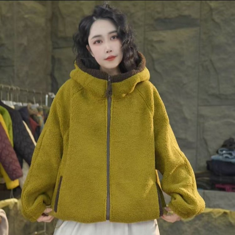 冬季洋气新款百搭时尚拼色连帽双面绒防风加厚保暖宽松外套休闲