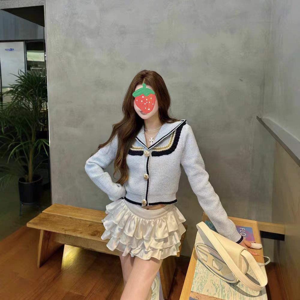 海军风蓝色钉珠修身短款上衣早秋新款减龄针织开衫连帽外套Z9280