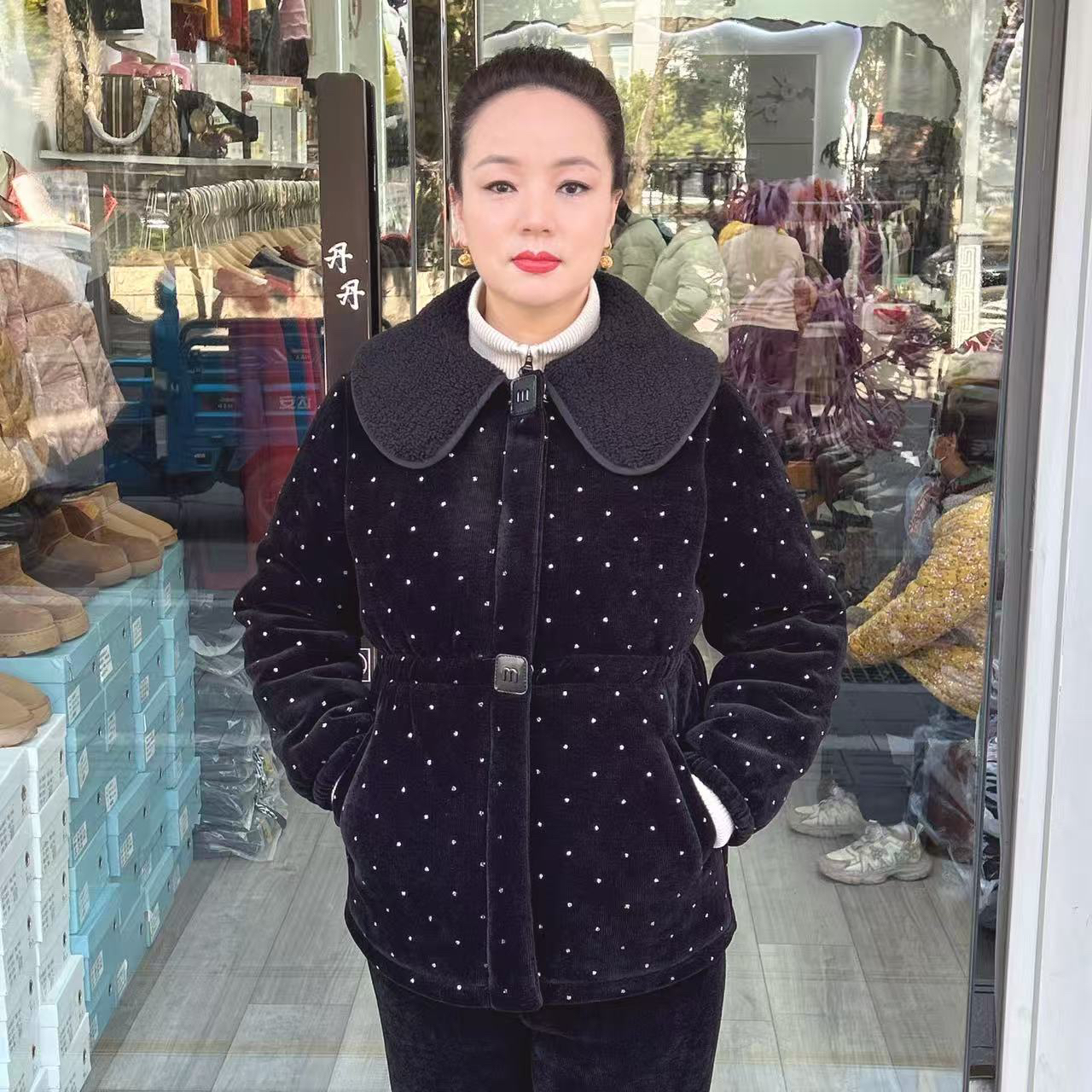 娃娃领黑金绒加厚外穿女士休闲短款黑色家居服套装