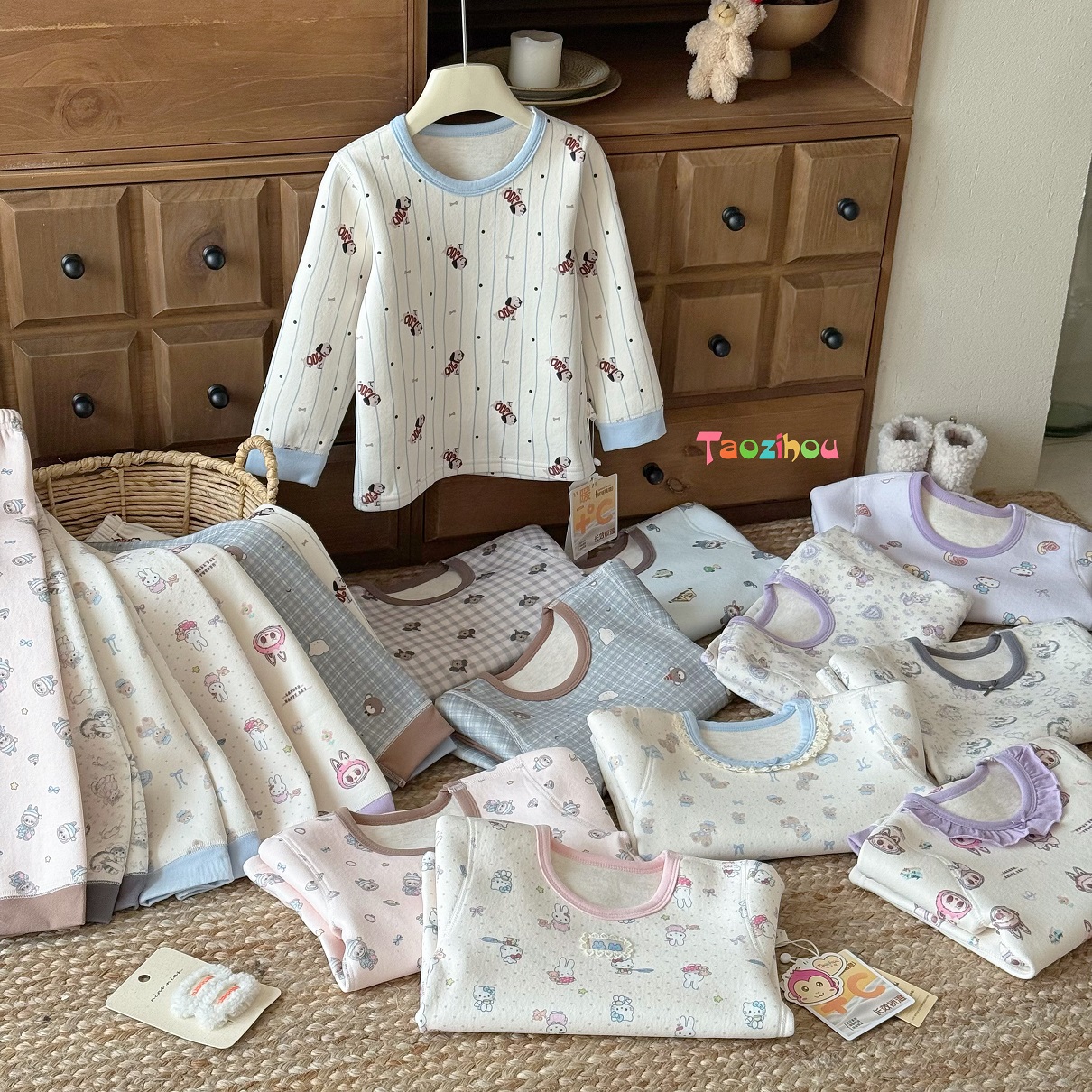 580g羊毛蚕丝儿童家居服加厚过冬双层满花保暖套装5255