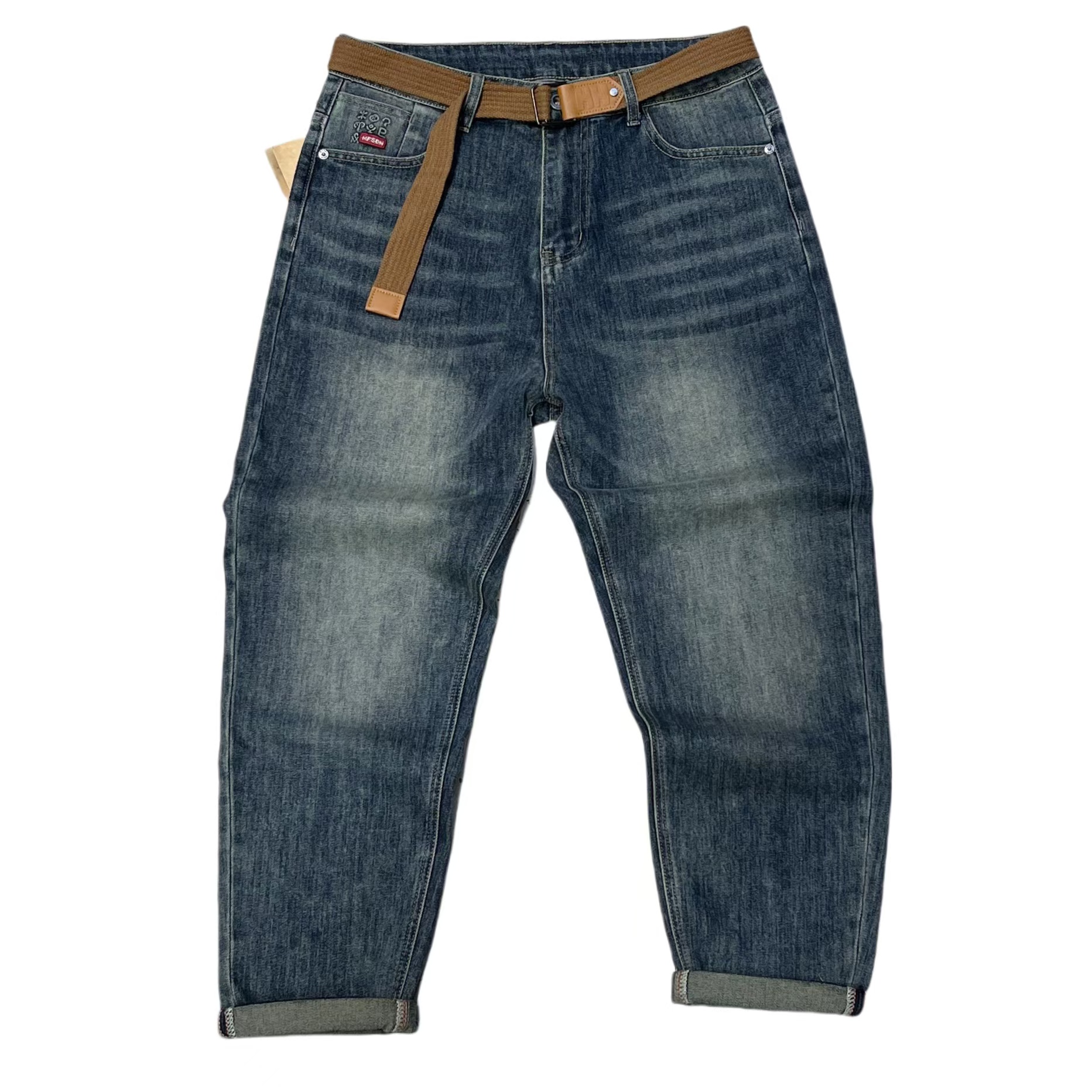  2025春季男士蓝色牛仔裤直筒时尚宽松砂洗轻奢潮流弹力牛仔裤