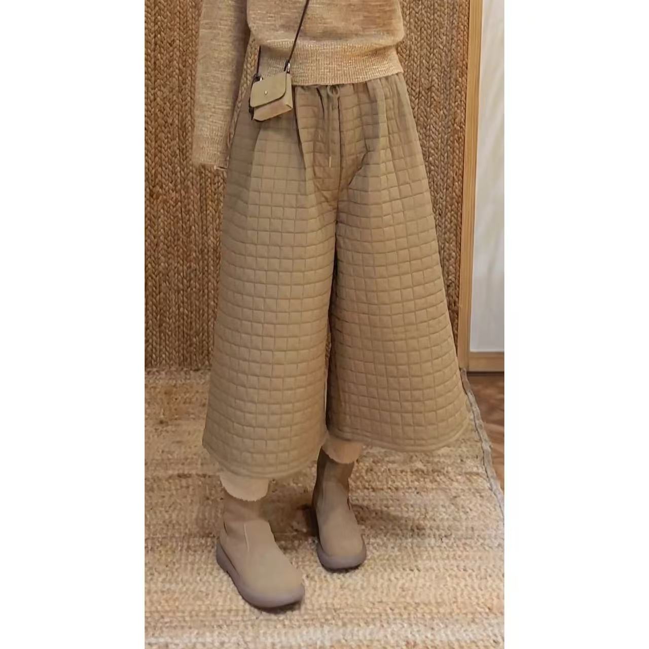 LISHIYISTUDIO深圳货松紧腰显瘦华夫格夹棉宽松阔腿裤91044