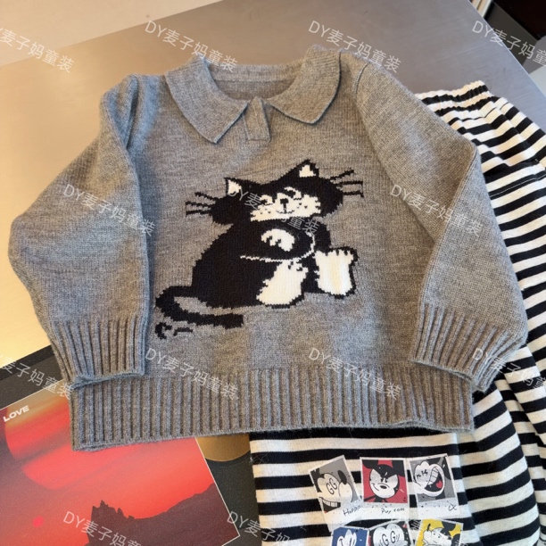 现货MZ.儿童灰色冬季polo翻领套头慵懒针织猫咪毛衣T894