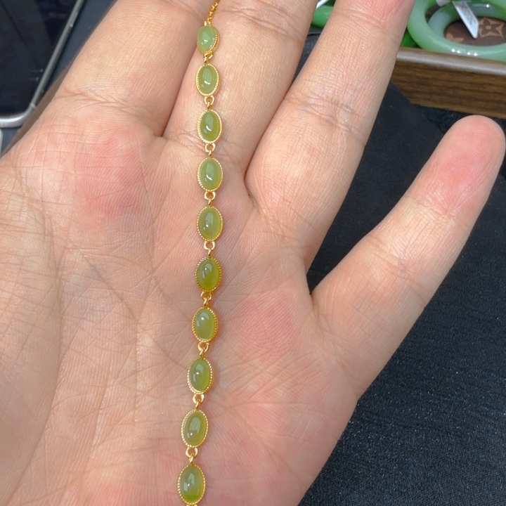 和田玉（碧玉）手链银S925镀金镶嵌