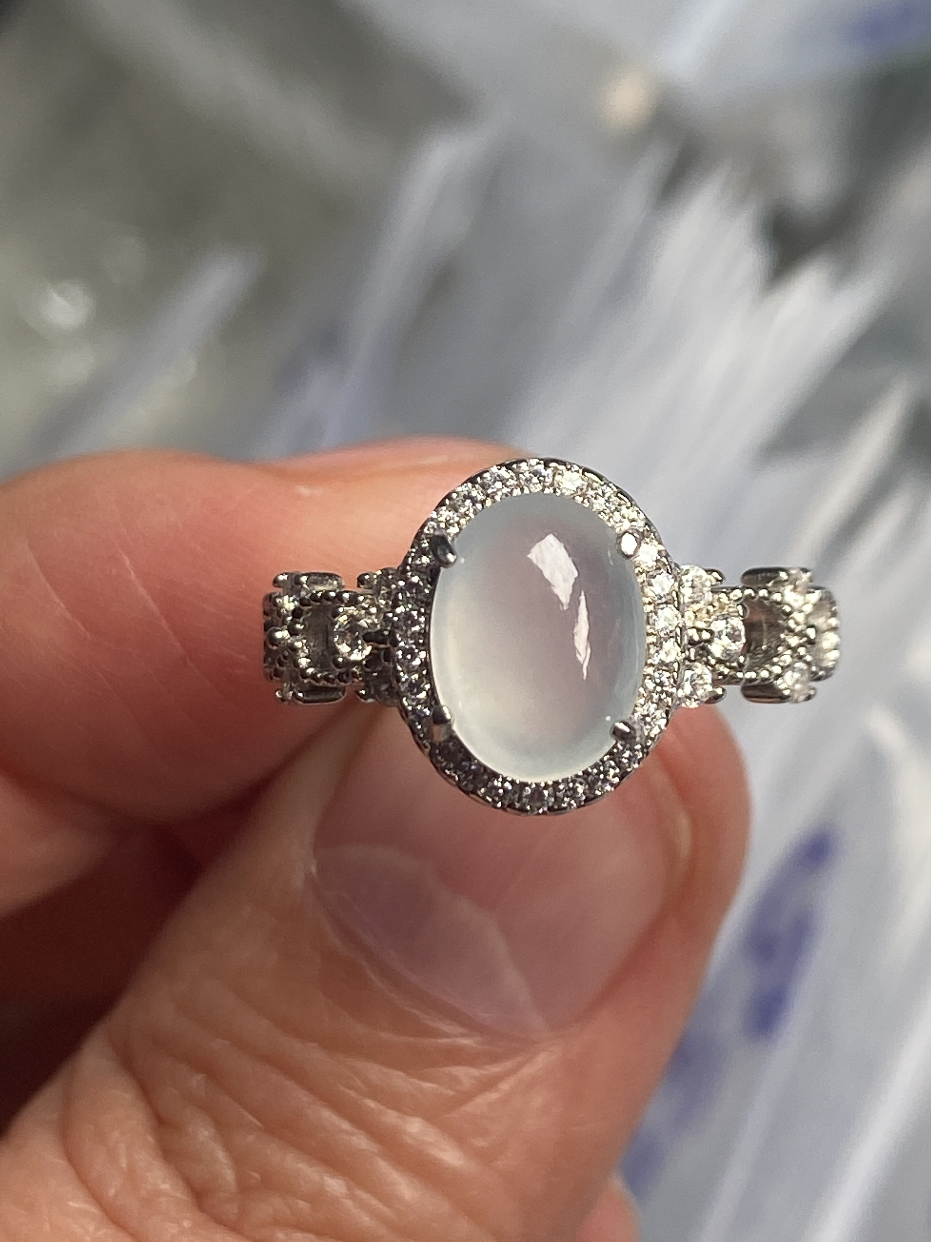 天然缅甸翡翠A货925银镶嵌白冰戒指