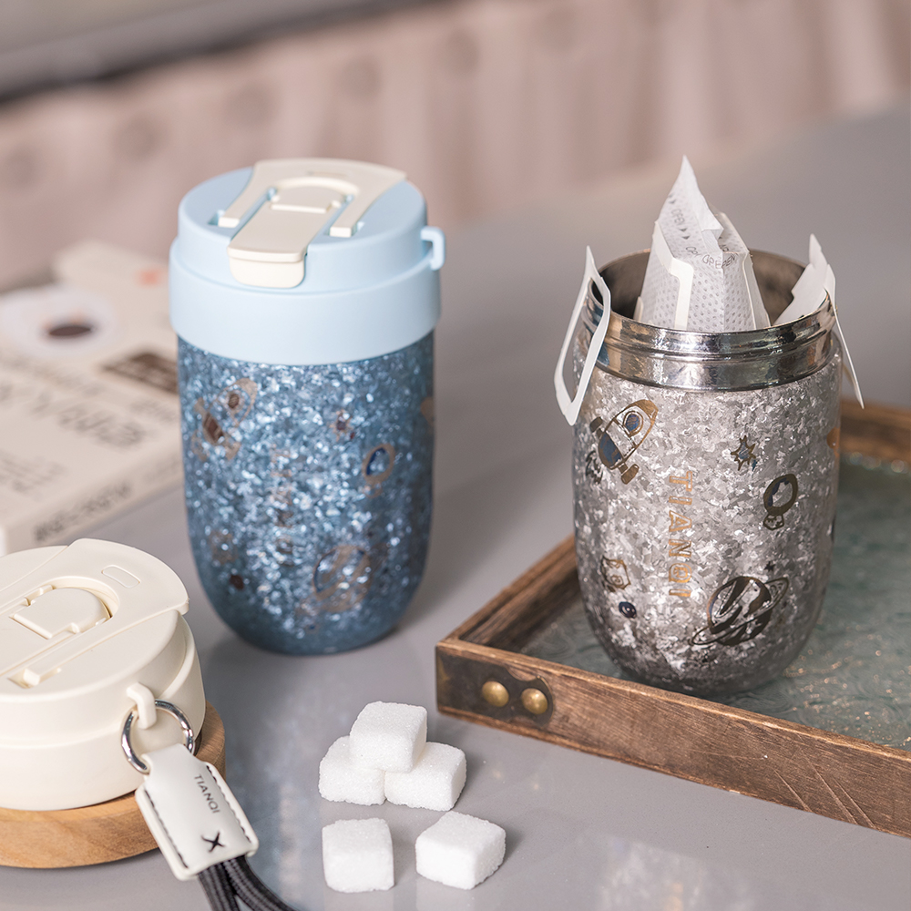 天沏纯钛咖啡杯420毫升新品双层焖茶杯便携女士高档带提绳水杯