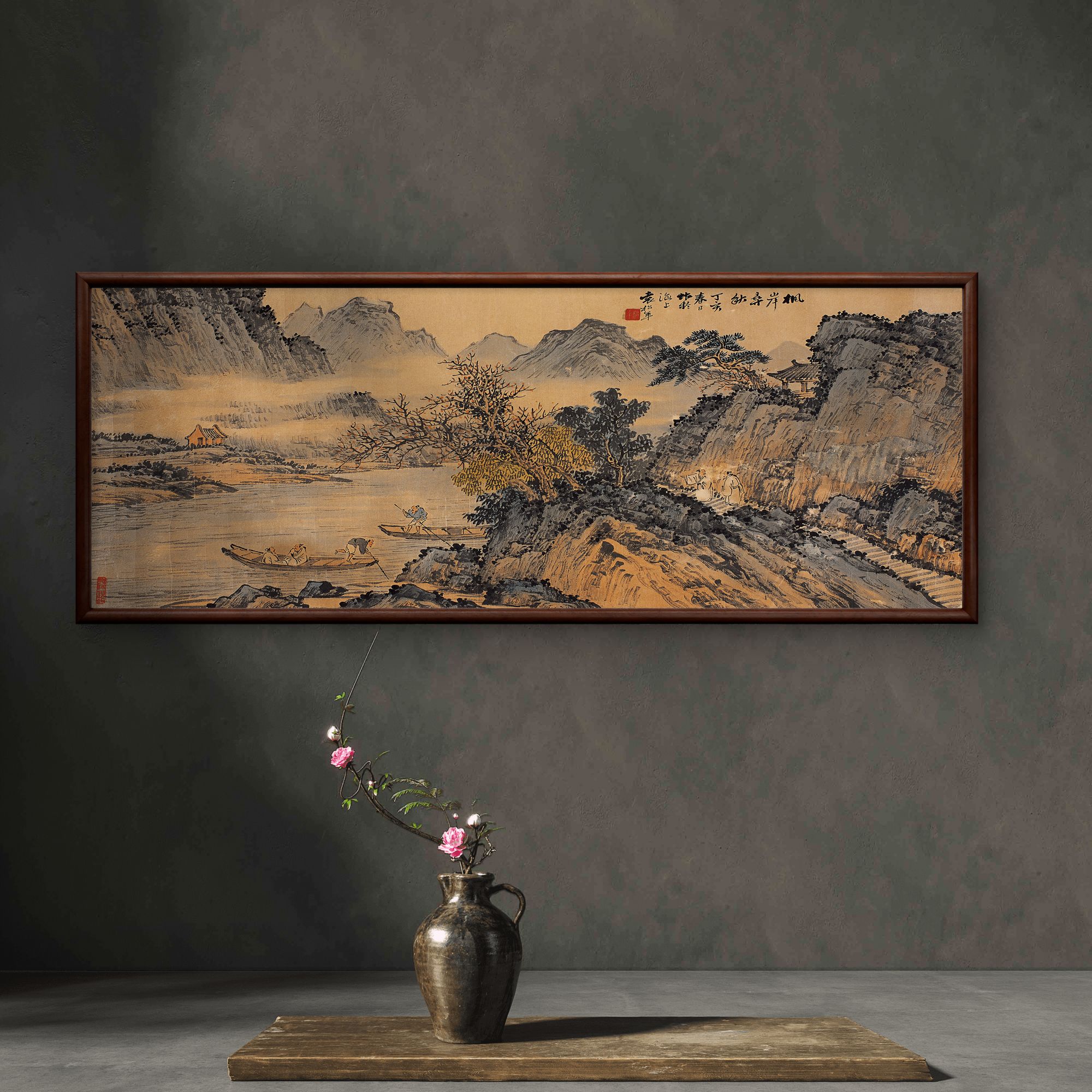 9660-32*80复古残痕山水装饰画实木框玄关书房茶室客厅挂画