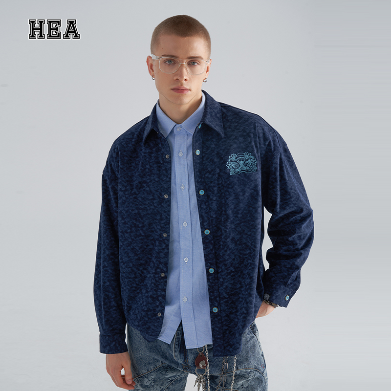 HEA 国潮复古醒狮刺绣简约百搭休闲翻领男女同款灯芯绒长袖衬衫