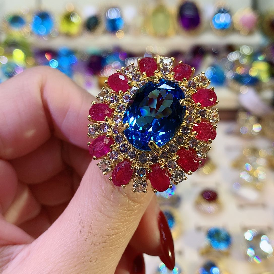 托帕石戒指银S925镀金镶嵌