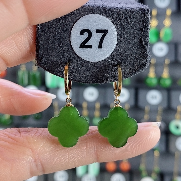 和田玉耳饰银S925镀金镶嵌