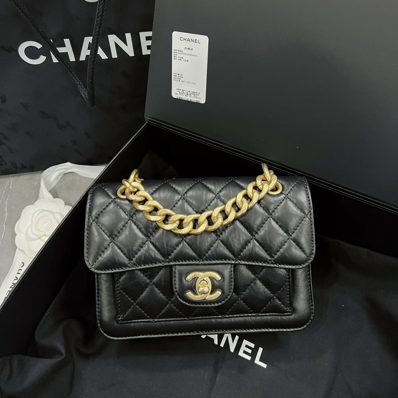 95新 Chanel/香奈儿 青奢荟/黑金23S豆腐邮差斜挎包///76593