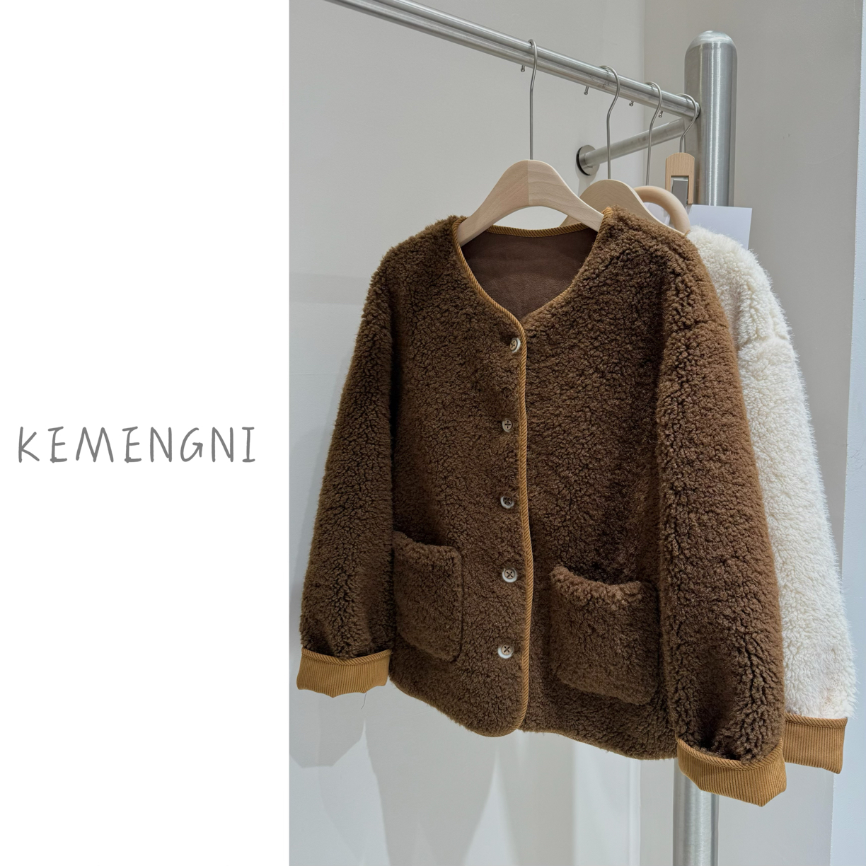 25153冬季美拉德风短圆领毛毛外套短款