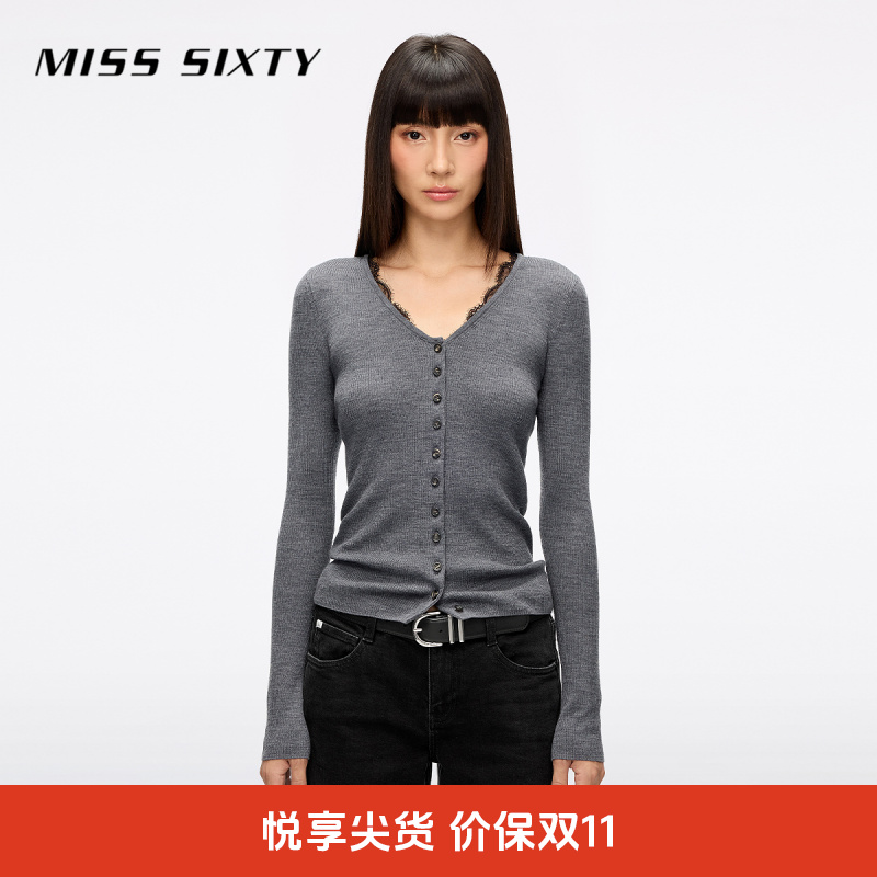Miss Sixty2025秋季新款羊毛针织开衫女V领蕾丝拼接修身短款上衣