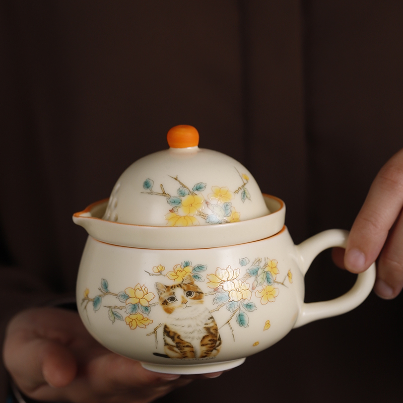 定窑茶咖杯便携茶具套装萌猫咪式功夫一壶一杯户外泡茶器水杯002