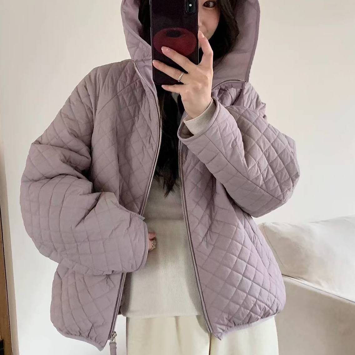 飞飞家~菱格连帽棉服！！极简风温柔外套~轻薄显瘦款#棉服Y9355