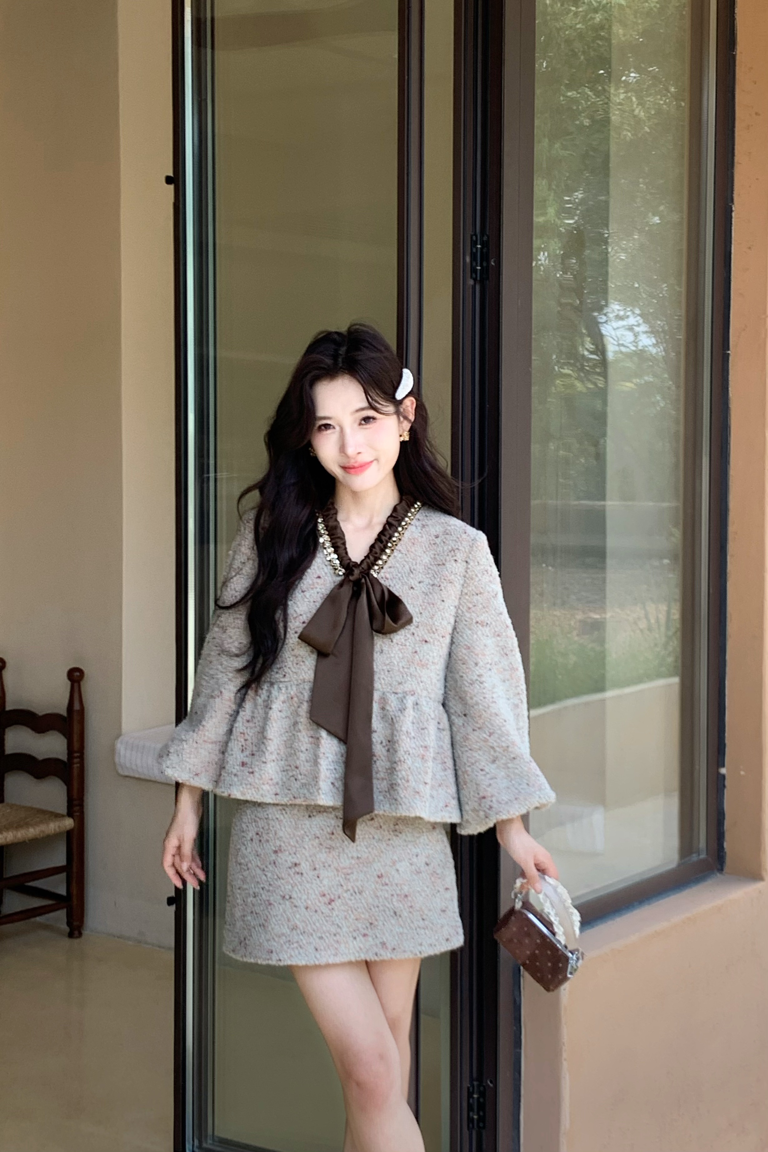 DD【甜柔织梦套装】秋冬新款女装财阀千金小众老钱风灯笼袖毛呢套装