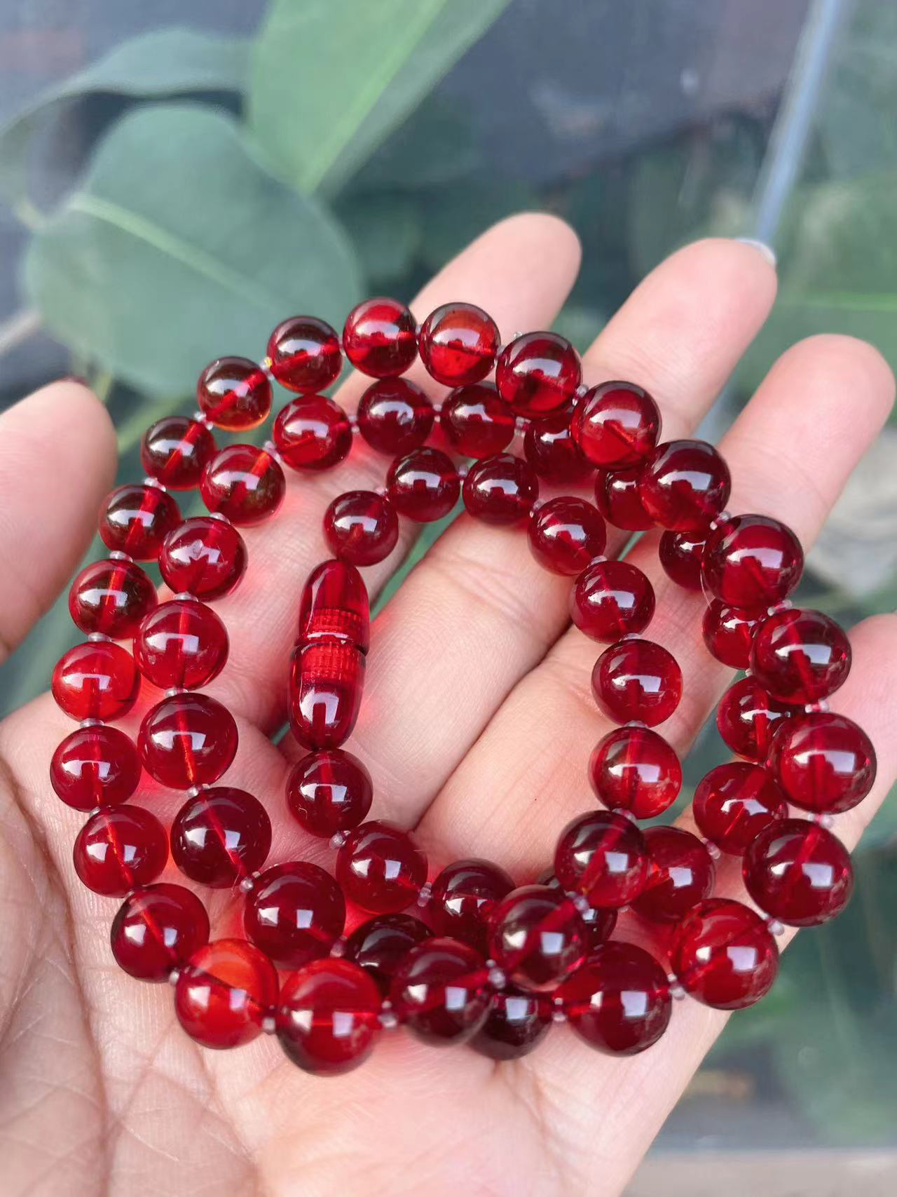 天然血珀项链妈妈链，规格8-9，樱桃红玻璃底净水