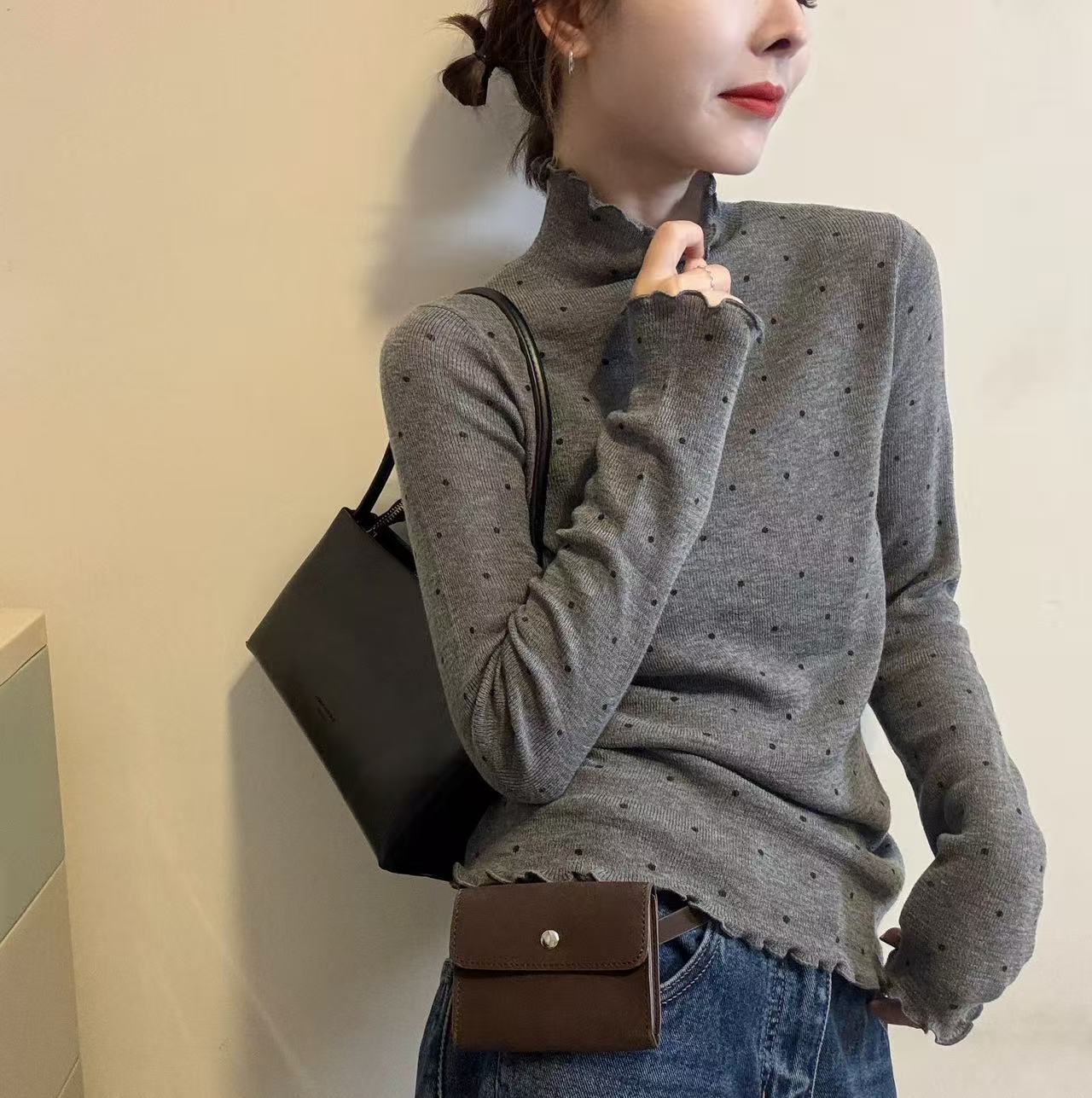 荷叶边半高领长袖T恤女2025冬季新款内搭保暖波点打底衫女上衣