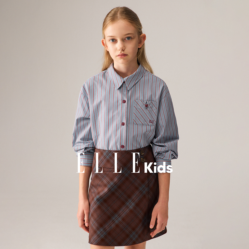 ELLE KIDS童装 法式经典撞色竖条纹刺绣长袖百搭衬衫时尚设计感Q3