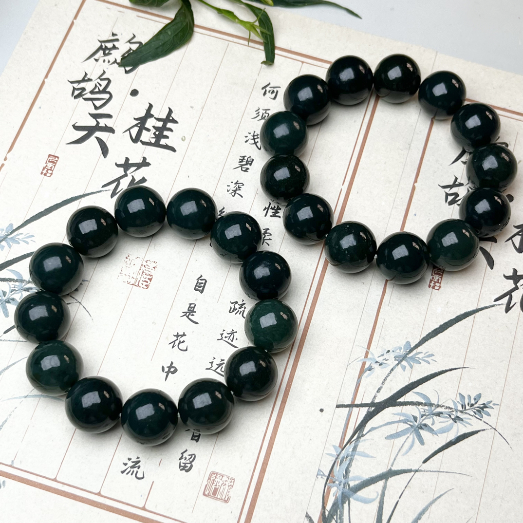 东娟珠宝DHY2-和田玉青玉圆珠手串16×16mm多样性发其一