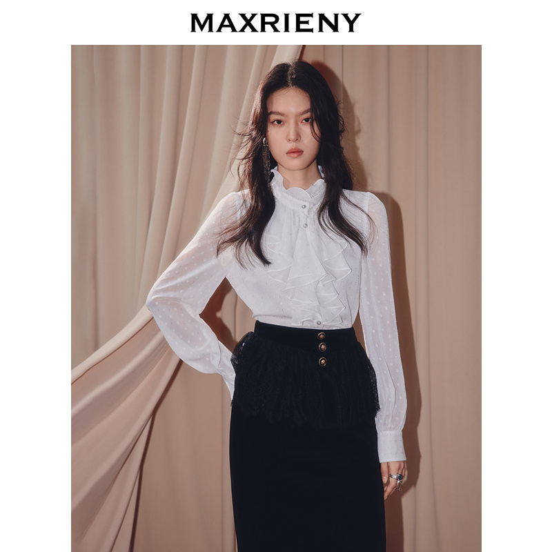 MAXRIENY宫廷复古衬衫25秋款荷叶边领法式雪纺衫宽松长袖垂感上衣