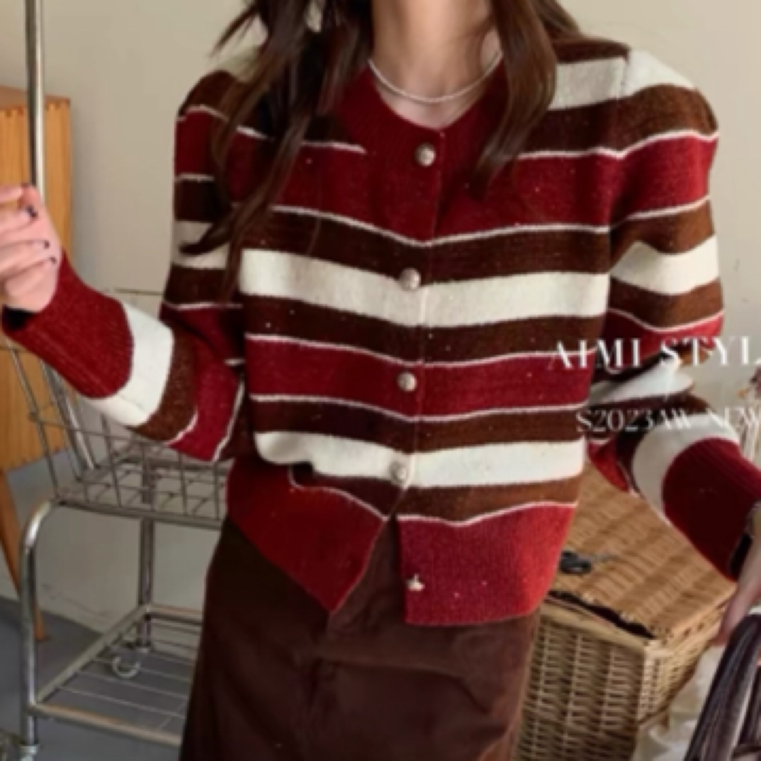 女秋冬长袖条纹毛针织衫撞色秋季上衣针织衫毛衣圆领（非主图款）