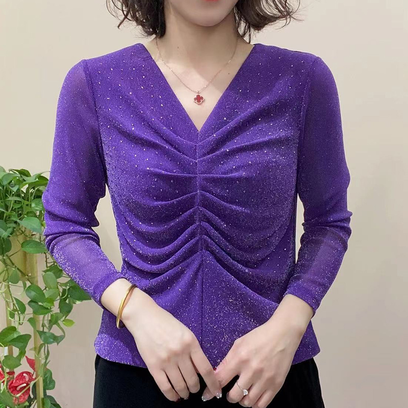宽松遮肚子长袖网纱上衣女新款打底衫秋季V领镶钻t恤女洋气小衫