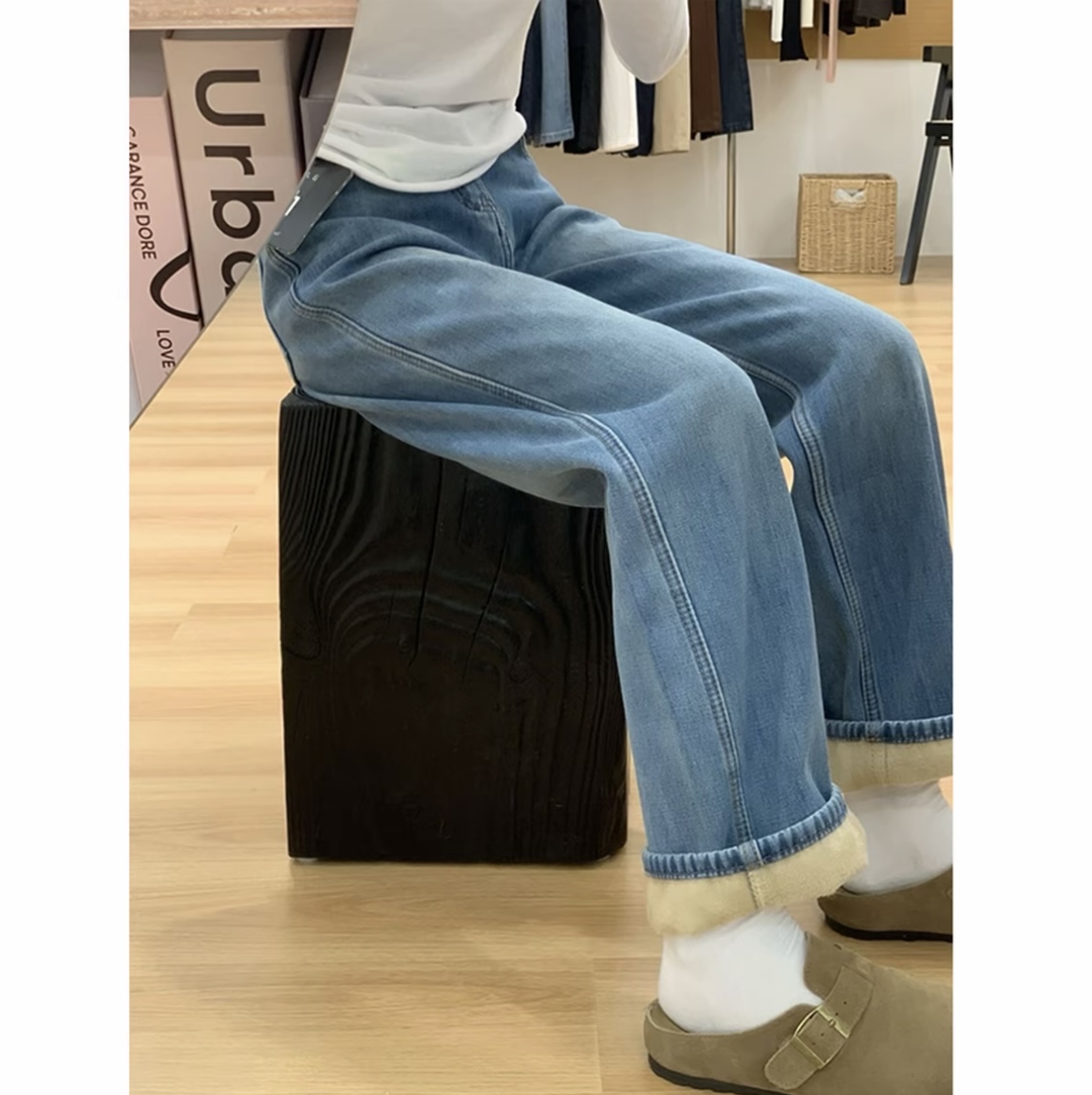 【2661-2670】秋冬窄版阔腿牛仔裤女加绒宽松高腰垂感显瘦直筒裤