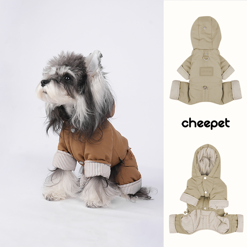cheepet/趣派狗狗衣服秋冬四脚连帽防风可牵引狗狗条纹拼色棉服