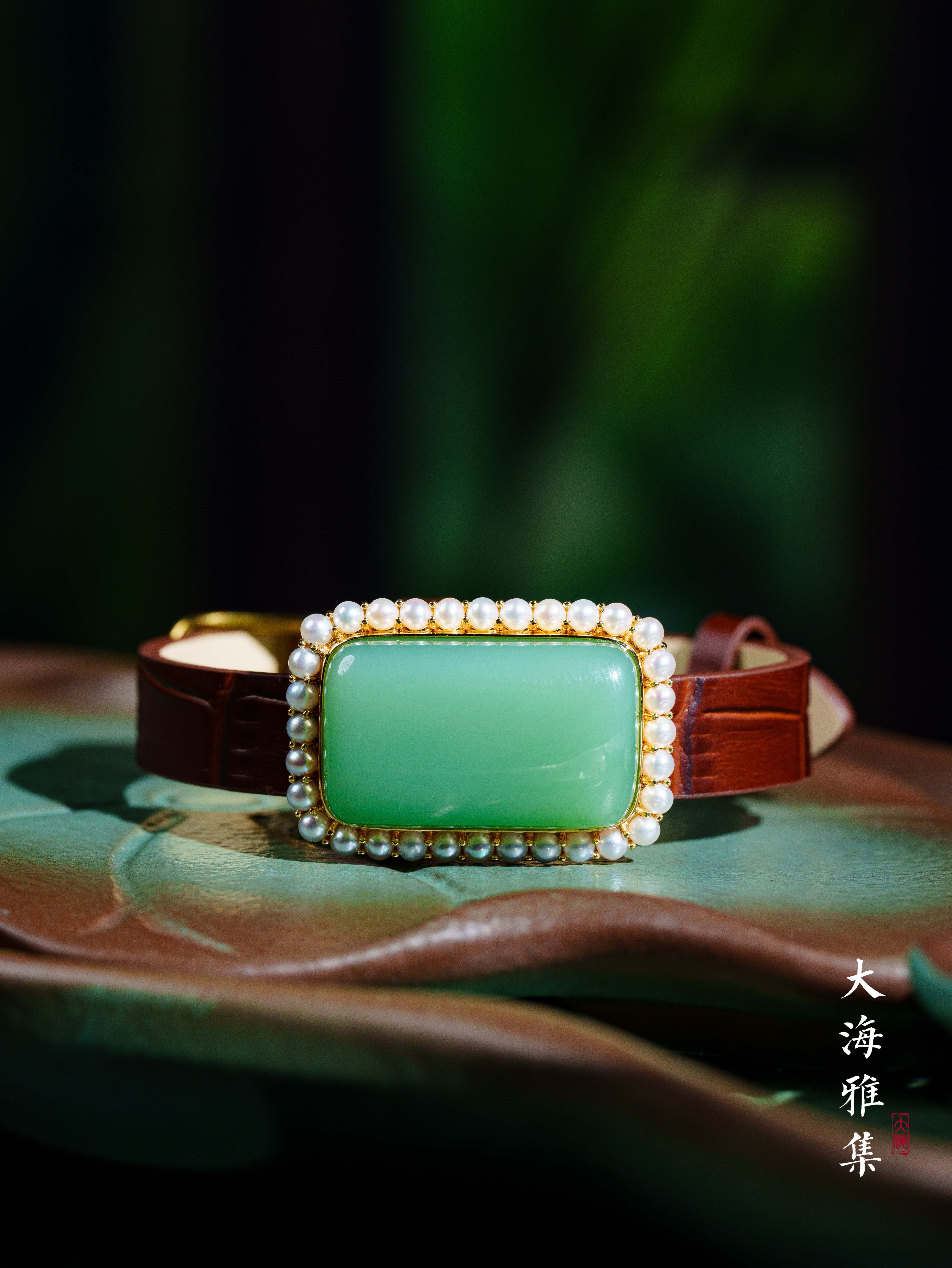 【典藏粉青】和田玉珍珠包边粉青手牌/18 D4520